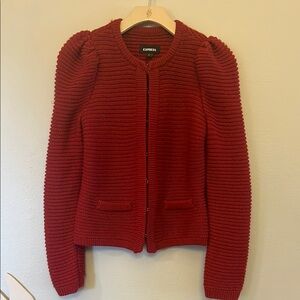 Express Women's Red Ribbed Puff-Sleeve Cardigan
